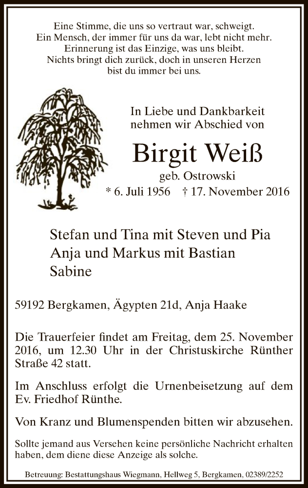  Traueranzeige für Birgit Weiß vom 23.11.2016 aus MZV