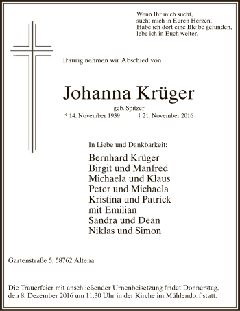 Traueranzeige von Johanna Krüger von MZV