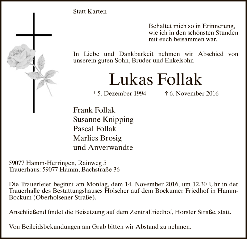  Traueranzeige für Lukas Follak vom 10.11.2016 aus MZV
