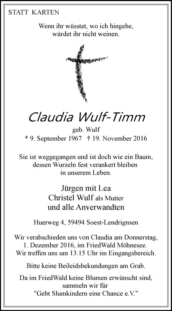  Traueranzeige für Claudia Wulf-Timm vom 24.11.2016 aus MZV