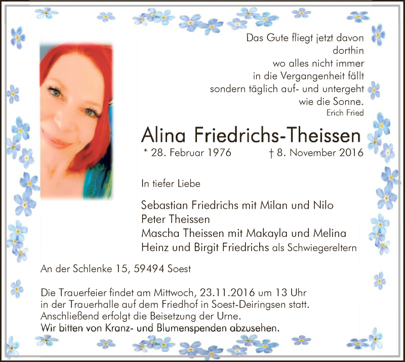  Traueranzeige für Alina Friedrichs-Theissen vom 16.11.2016 aus MZV