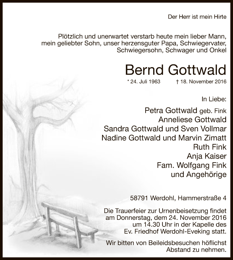  Traueranzeige für Bernd Gottwald vom 22.11.2016 aus MZV