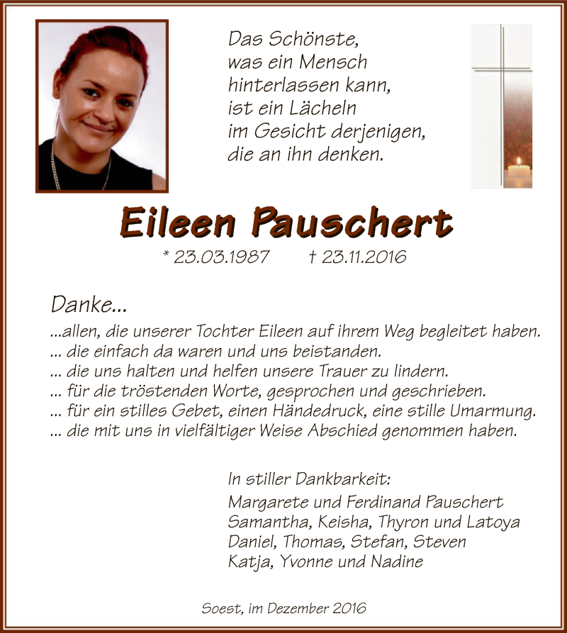  Traueranzeige für Eileen Pauschert vom 31.12.2016 aus MZV