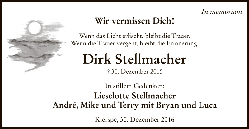  Traueranzeige für Dirk Stellmacher vom 30.12.2016 aus MZV