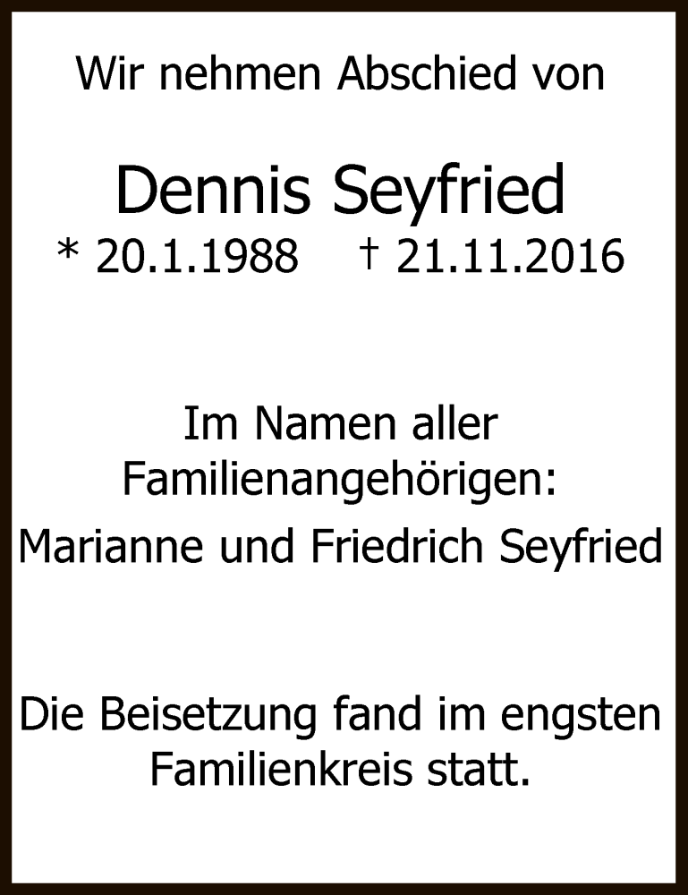  Traueranzeige für Dennis Seyfried vom 13.12.2016 aus MZV