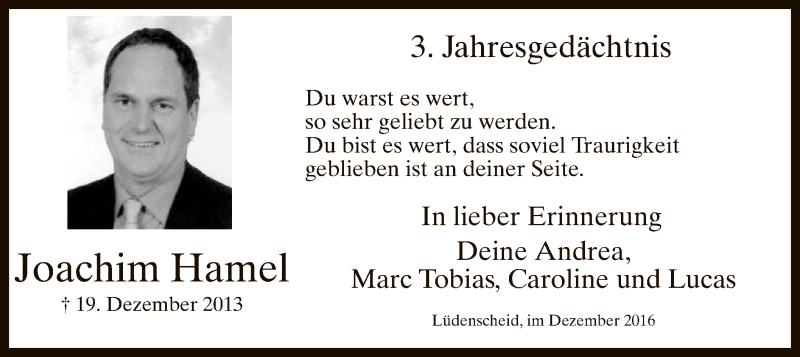  Traueranzeige für Joachim Hamel vom 19.12.2016 aus MZV