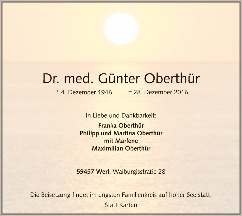  Traueranzeige für Günter Oberthür vom 31.12.2016 aus MZV