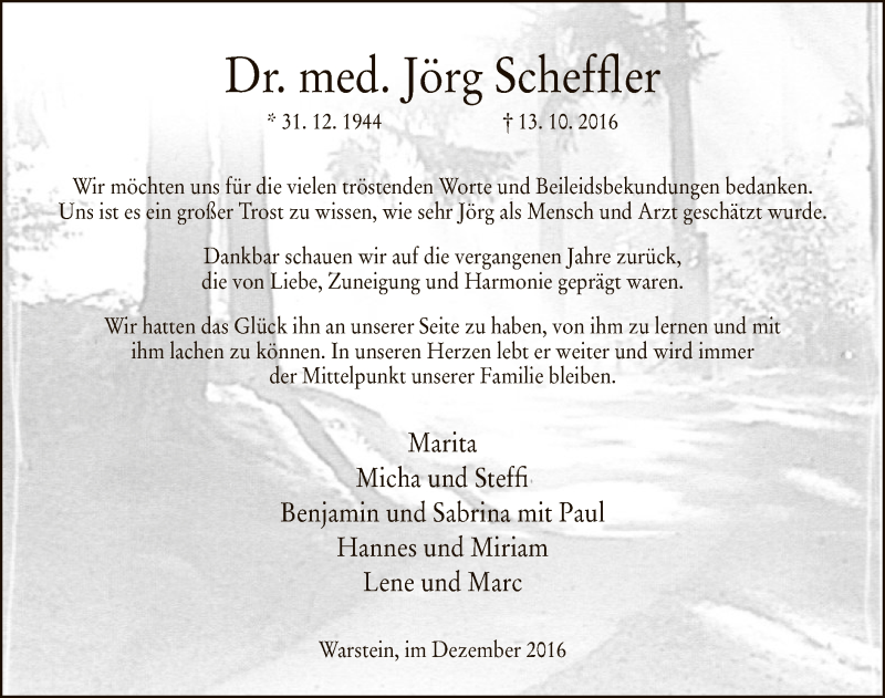  Traueranzeige für Jörg Scheffler vom 03.12.2016 aus MZV