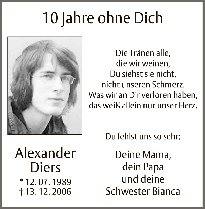  Traueranzeige für Alexander Diers vom 13.12.2016 aus MZV