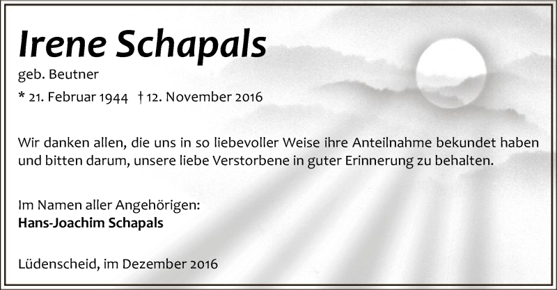  Traueranzeige für Irene Schapals vom 17.12.2016 aus MZV