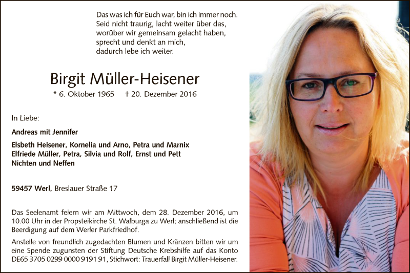  Traueranzeige für Birgit Müller-Heisener vom 23.12.2016 aus MZV