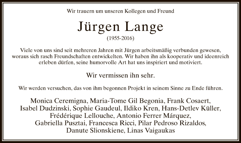  Traueranzeige für Jürgen Lange vom 10.12.2016 aus MZV