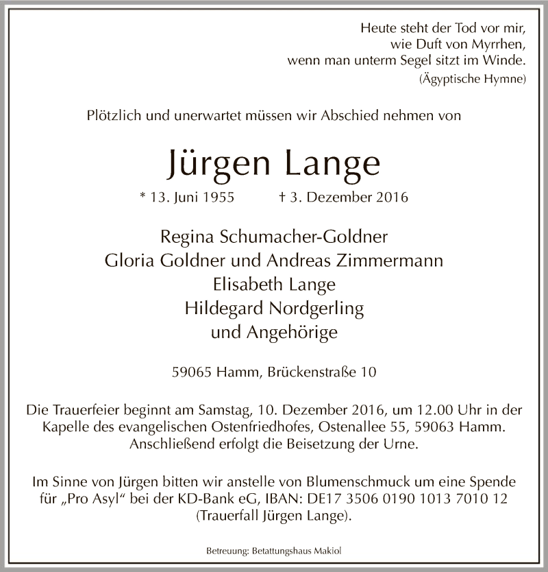  Traueranzeige für Jürgen Lange vom 06.12.2016 aus MZV