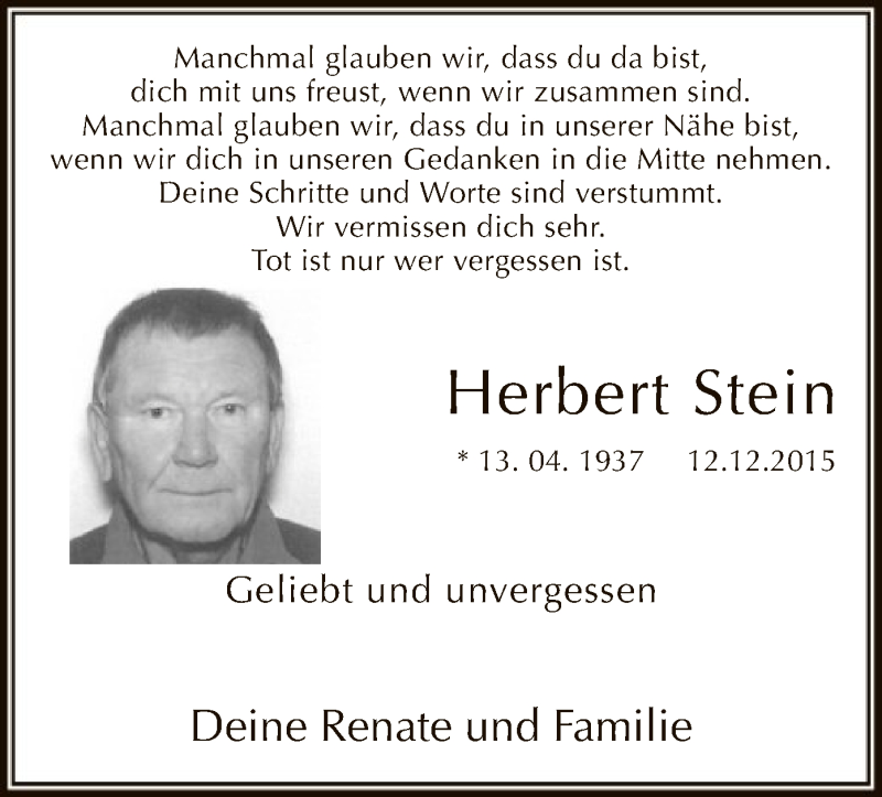  Traueranzeige für Herbert Stein vom 13.12.2016 aus MZV