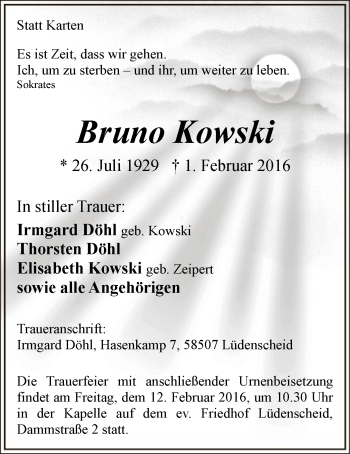 Traueranzeige von Bruno Kowski von MZV