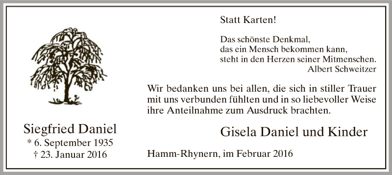  Traueranzeige für Siegfried Daniel vom 22.02.2016 aus MZV