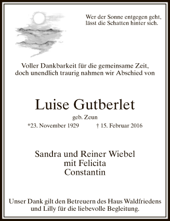 Traueranzeige von Luise Gutberlet von MZV