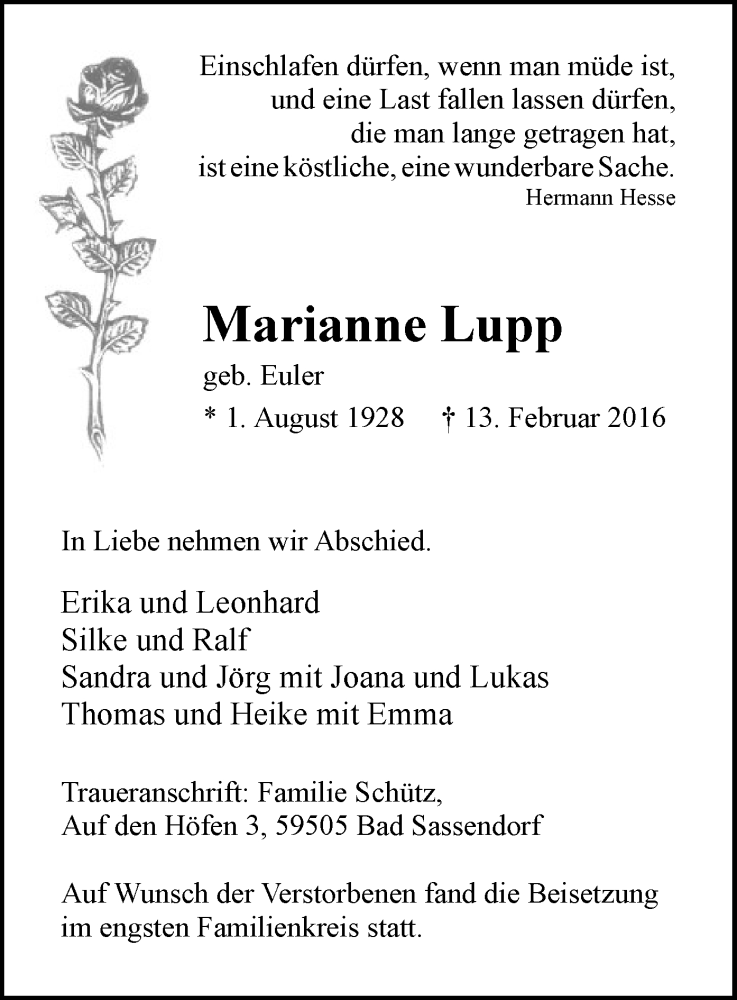  Traueranzeige für Marianne Lupp vom 26.02.2016 aus MZV