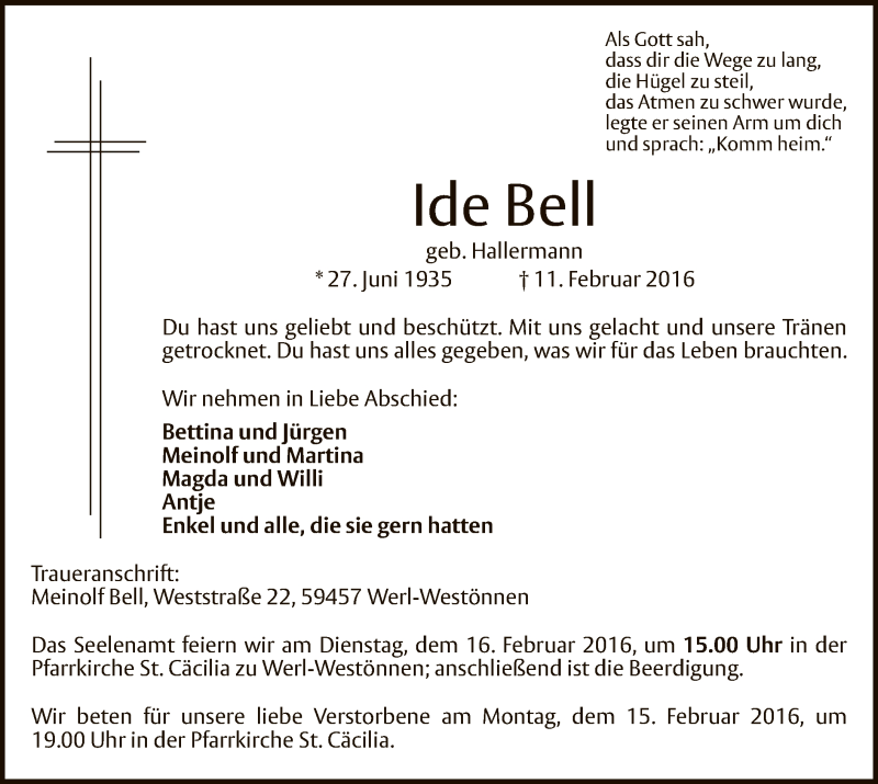  Traueranzeige für Ide Bell vom 13.02.2016 aus MZV