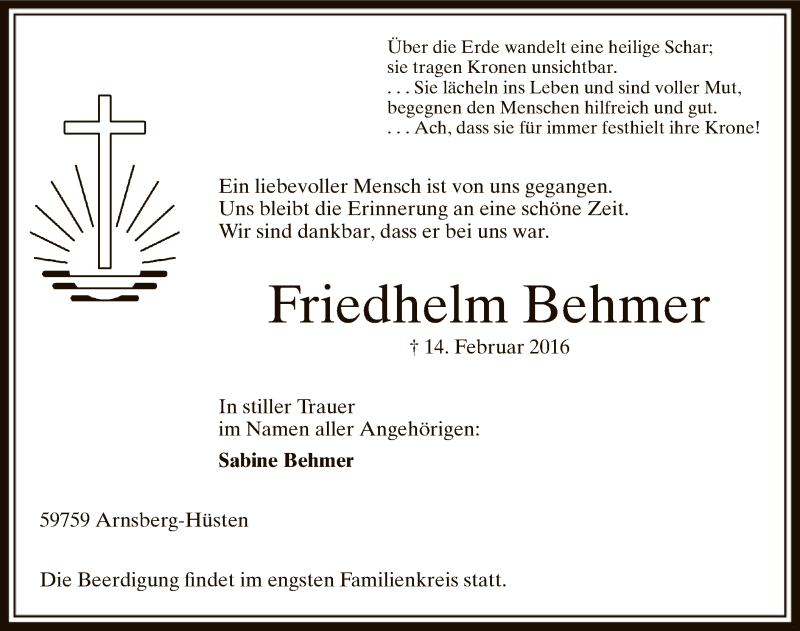 Traueranzeige für Friedhelm Behmer vom 16.02.2016 aus MZV