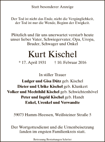 Traueranzeige von Kurt Kischel von MZV