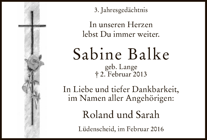  Traueranzeige für Sabine Balke vom 02.02.2016 aus MZV