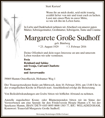 Traueranzeige von Margarete Große Sudhoff von MZV
