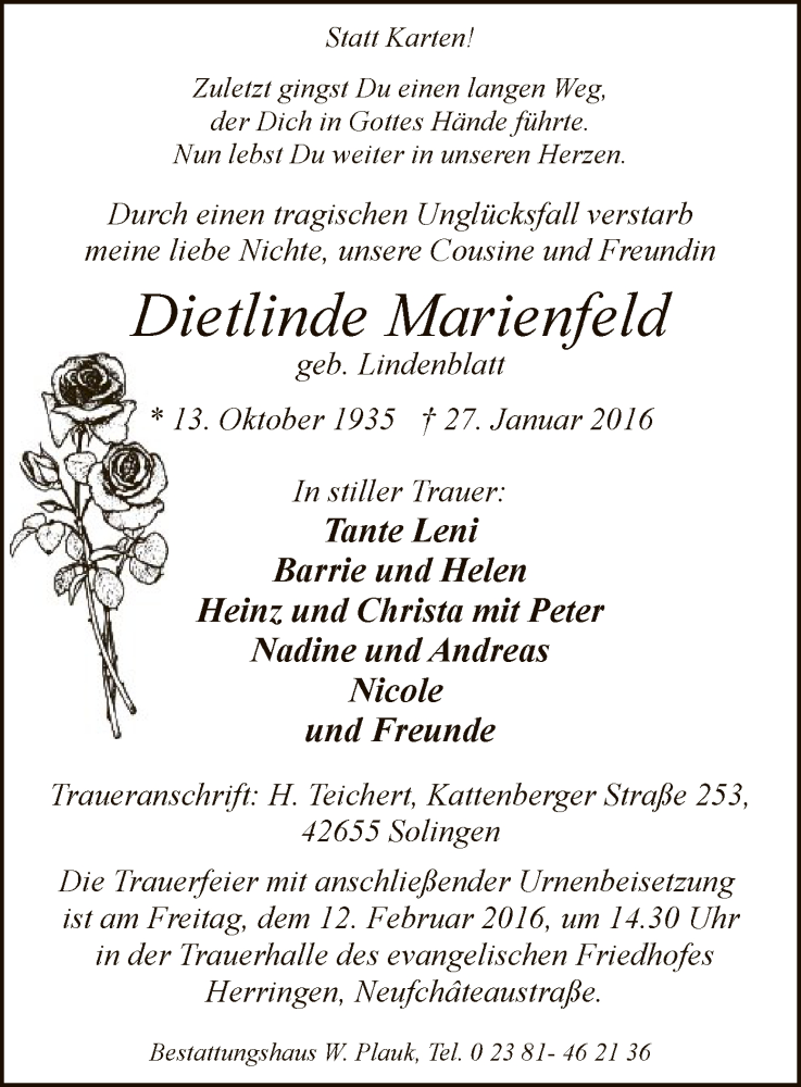  Traueranzeige für Dietlinde Marienfeld vom 10.02.2016 aus MZV