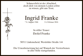 Traueranzeige von Ingrid Franke von MZV