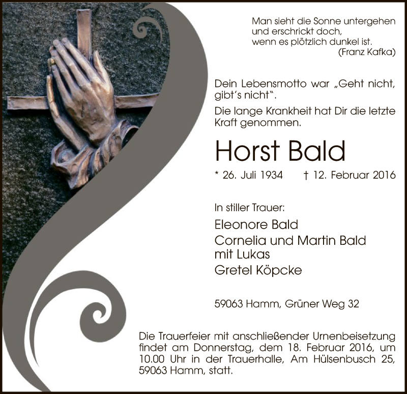  Traueranzeige für Horst Bald vom 16.02.2016 aus MZV
