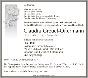 Traueranzeige von Claudia Greuel-Offermann von MZV