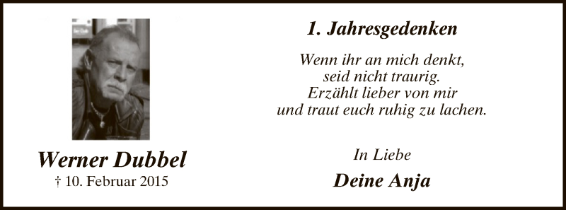  Traueranzeige für Werner Dubbel vom 10.02.2016 aus MZV