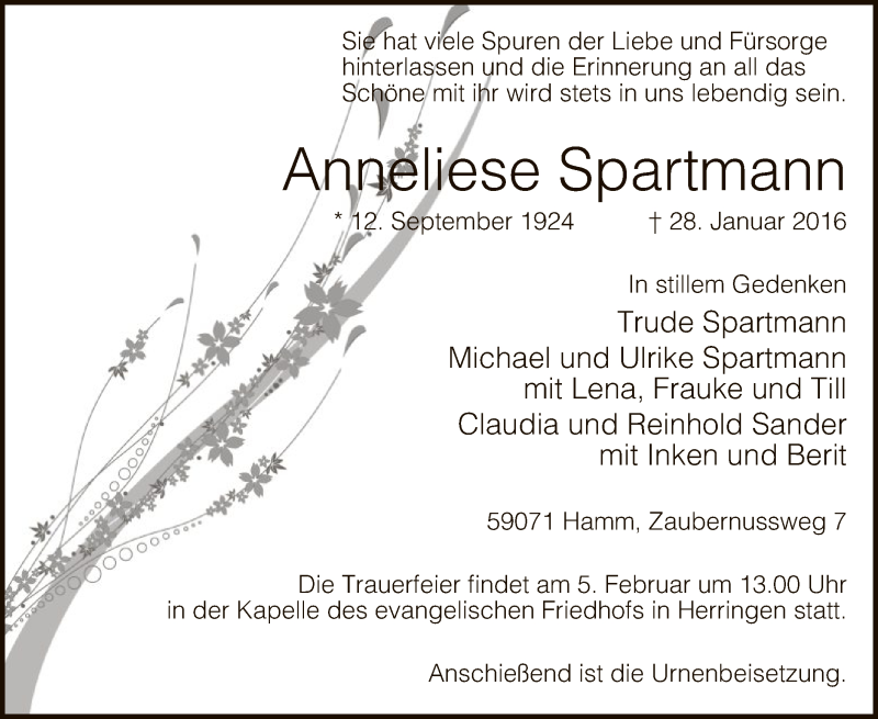 Traueranzeige für Anneliese Spartmann vom 03.02.2016 aus MZV