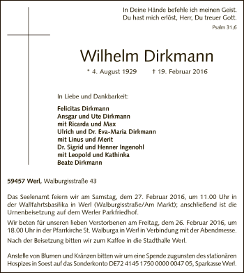 Traueranzeige von Wilhelm Dirkmann von MZV