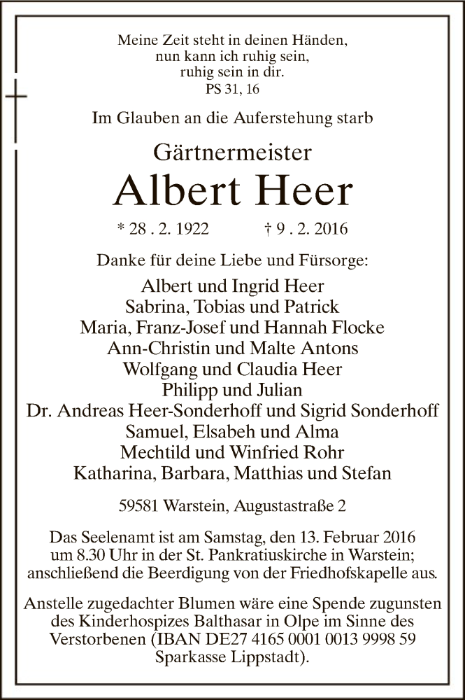  Traueranzeige für Albert Heer vom 11.02.2016 aus MZV
