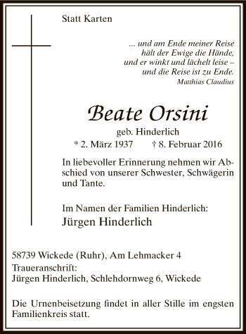 Traueranzeige von Beate Orsini von MZV