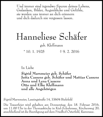 Traueranzeige von Hanneliese Schäfer von MZV