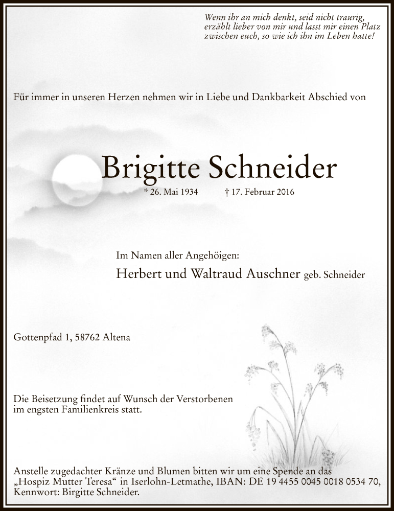  Traueranzeige für Brigitte Schneider vom 19.02.2016 aus MZV