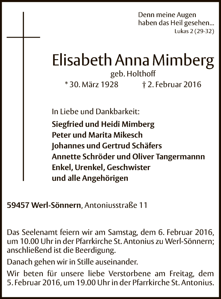  Traueranzeige für Elisabeth Anna Mimberg vom 04.02.2016 aus MZV