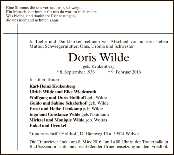 Traueranzeige von Doris Wilde von MZV
