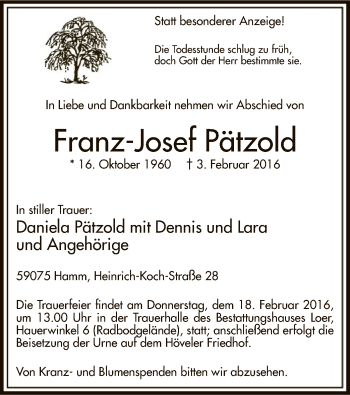 Traueranzeige von Franz-Josef Pätzold von MZV