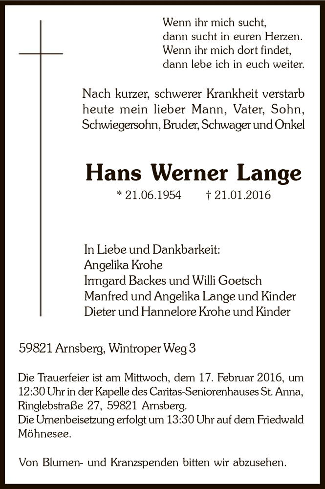  Traueranzeige für Hans Werner Lange vom 06.02.2016 aus MZV
