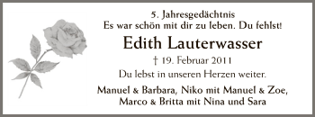 Traueranzeige von Edith Lauterwasser von MZV