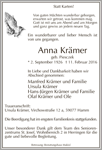 Traueranzeige von Anna Krämer von MZV