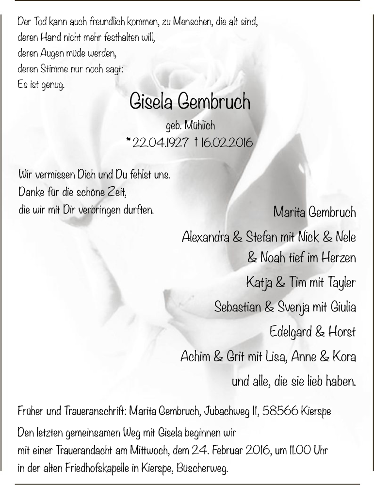  Traueranzeige für Gisela Gembruch vom 20.02.2016 aus MZV