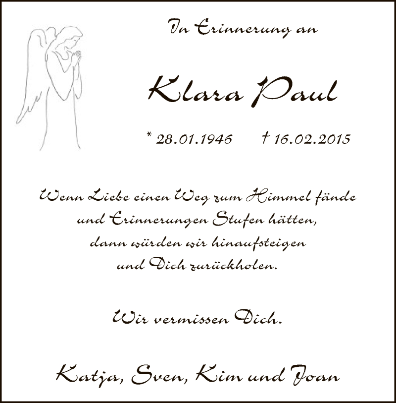  Traueranzeige für Klara Paul vom 16.02.2016 aus MZV