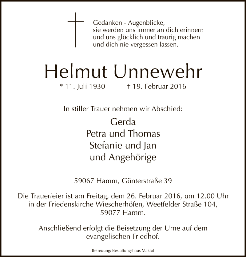  Traueranzeige für Helmut Unnewehr vom 23.02.2016 aus MZV