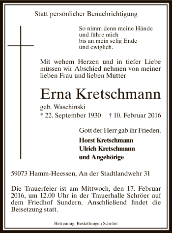 Traueranzeige von Erna Kretschmann von MZV