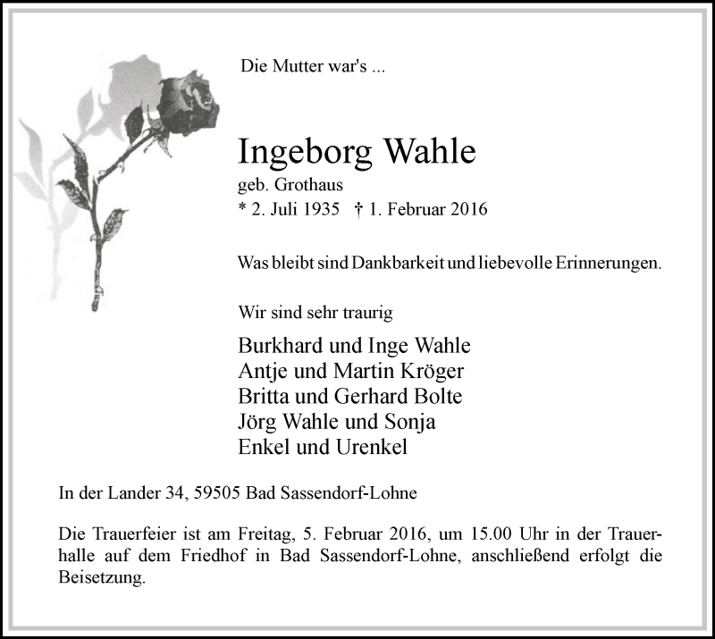  Traueranzeige für Ingeborg Wahle vom 03.02.2016 aus MZV