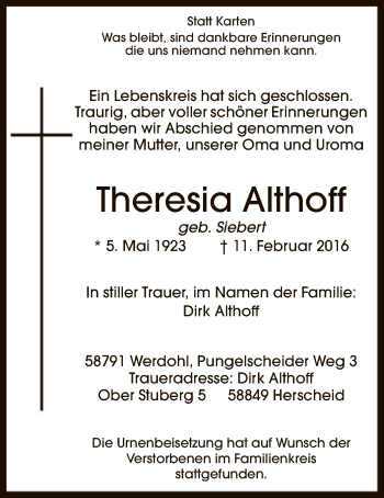 Traueranzeige von Theresia Althoff von MZV
